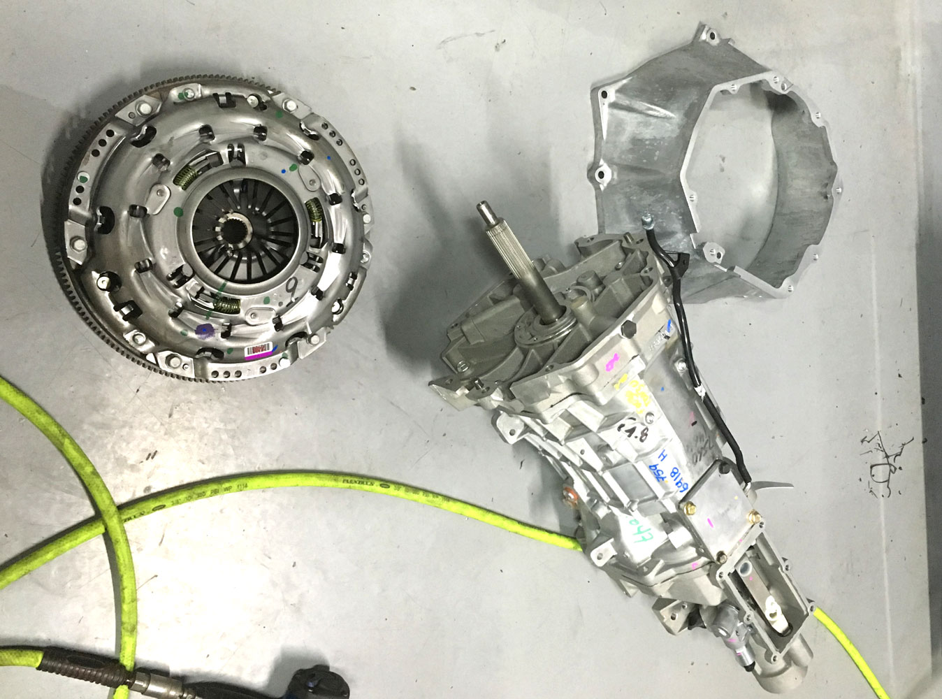 clutch and transmission assembly awaiting installation at topcats racing workshop